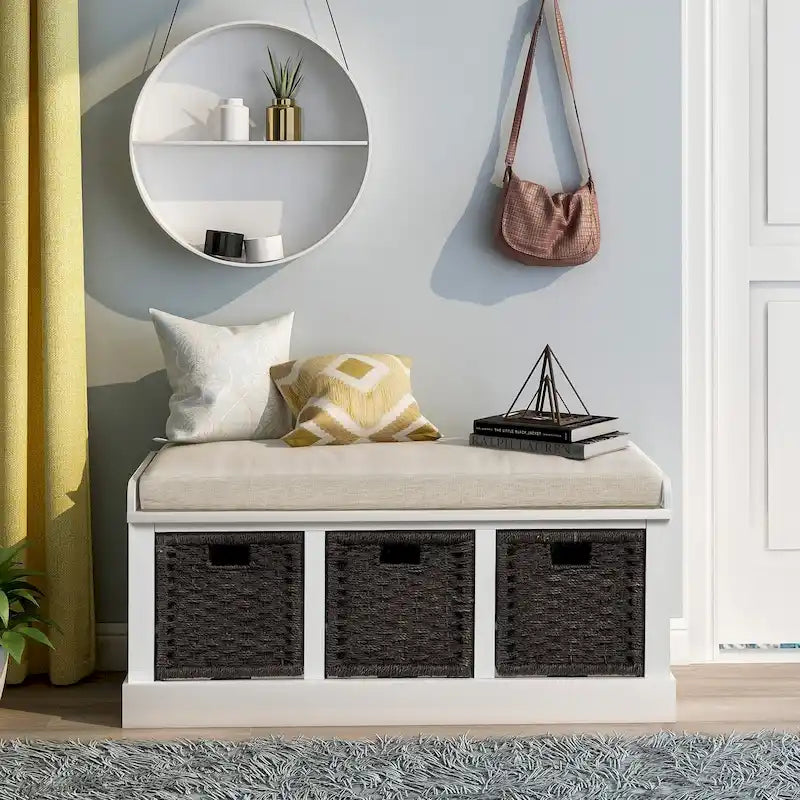 Entryway Storage Bench with Cushion and Baskets