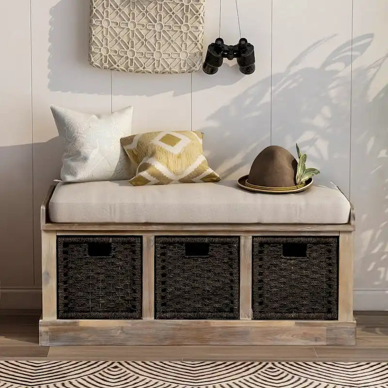 Entryway Storage Bench with Cushion and Baskets