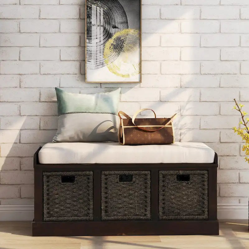 Entryway Storage Bench with Cushion and Baskets