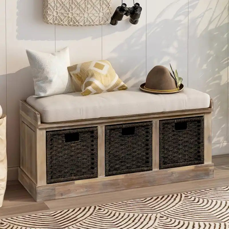 Entryway Storage Bench with Cushion and Baskets