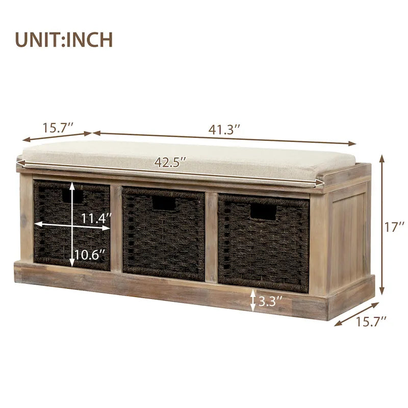 Entryway Storage Bench with Cushion and Baskets