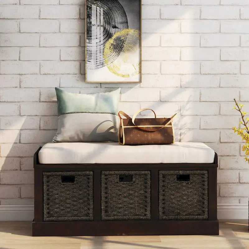 Entryway Storage Bench with Cushion and Baskets