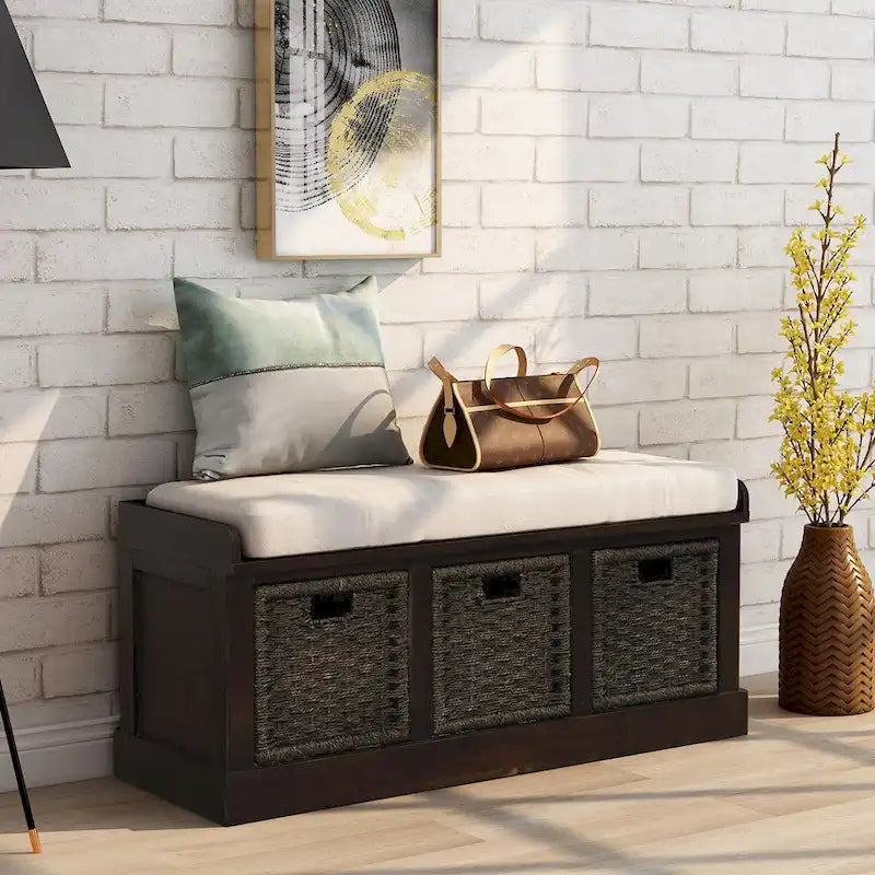 Entryway Storage Bench with Cushion and Baskets