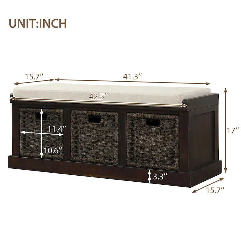 Entryway Storage Bench with Cushion and Baskets