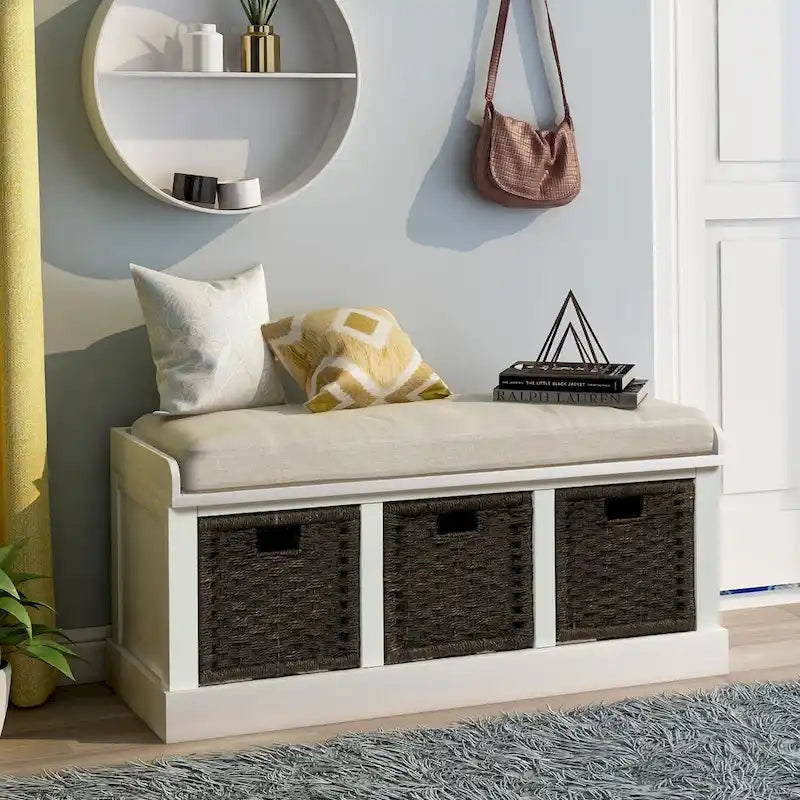 Entryway Storage Bench with Cushion and Baskets