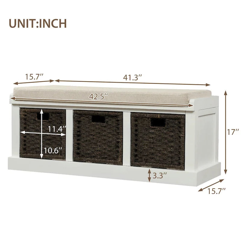 Entryway Storage Bench with Cushion and Baskets