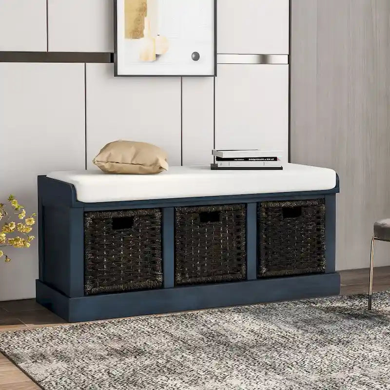 Entryway Storage Bench with Cushion and Baskets