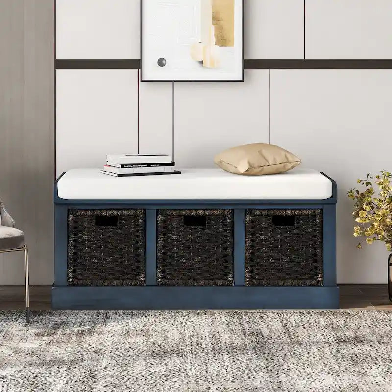 Entryway Storage Bench with Cushion and Baskets