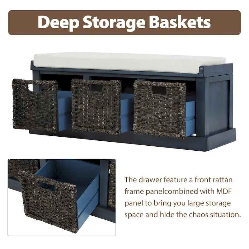 Entryway Storage Bench with Cushion and Baskets
