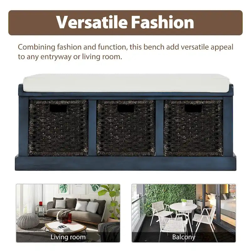 Entryway Storage Bench with Cushion and Baskets