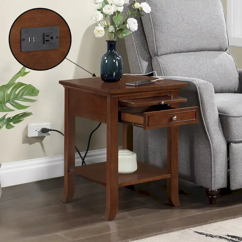 1-Drawer End Table with Charging Station and Pull-Out Shelf