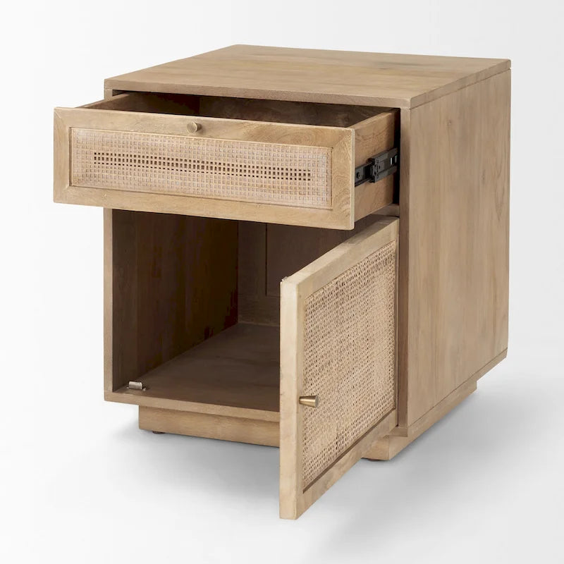 Light Brown Wood and Cane Accent Table
