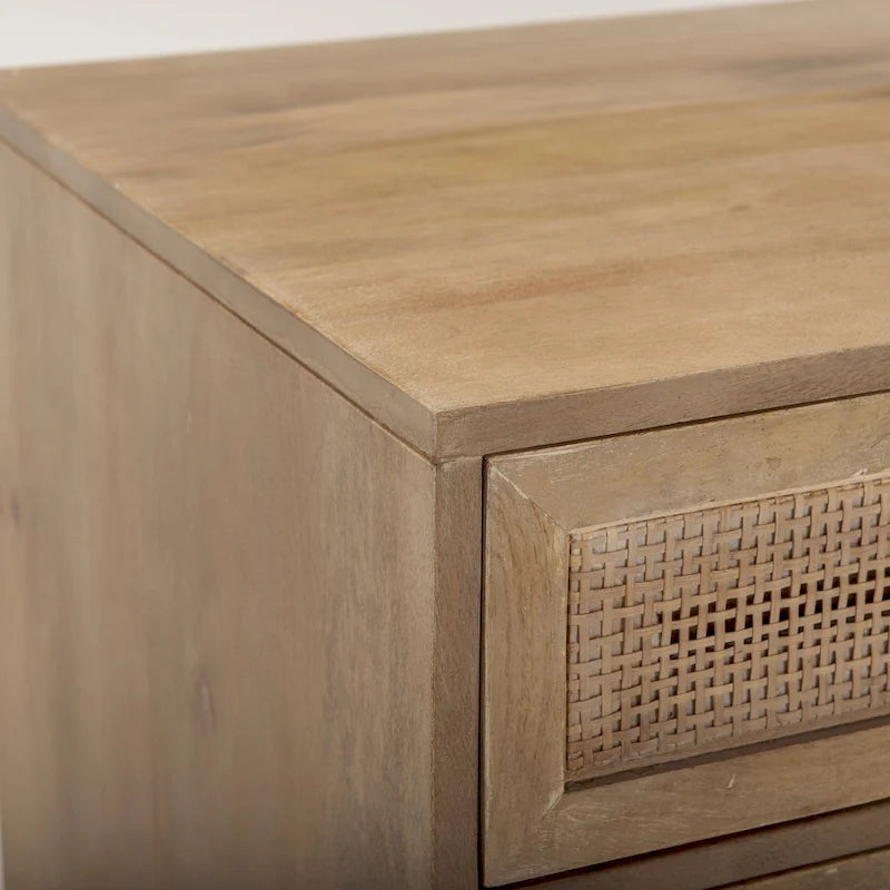 Light Brown Wood and Cane Accent Table