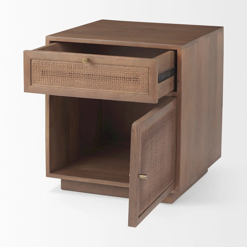 Light Brown Wood and Cane Accent Table