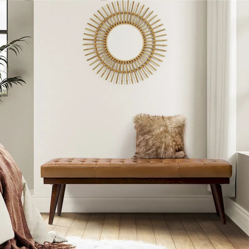 Modern Genuine Leather Tufted Bench with Solid Wood Base
