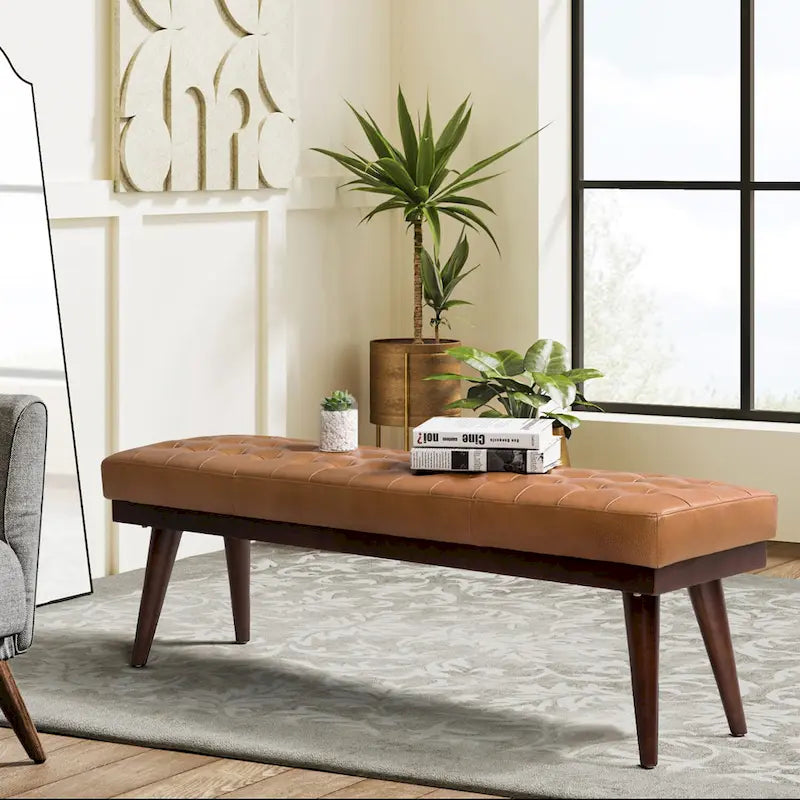 Modern Genuine Leather Tufted Bench with Solid Wood Base