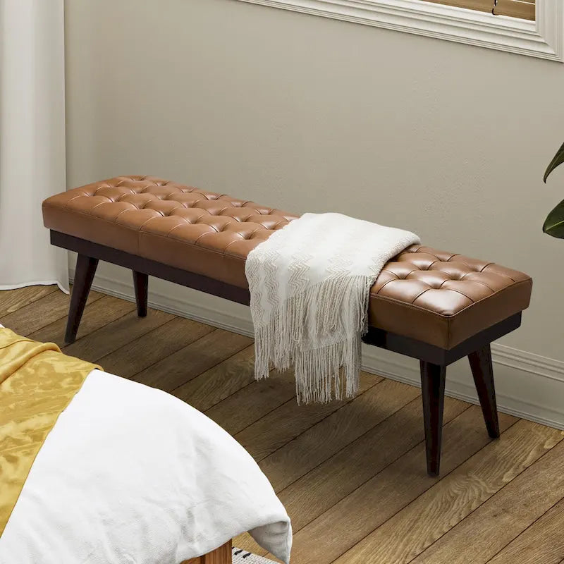 Modern Genuine Leather Tufted Bench with Solid Wood Base