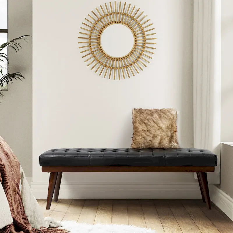 Modern Genuine Leather Tufted Bench with Solid Wood Base