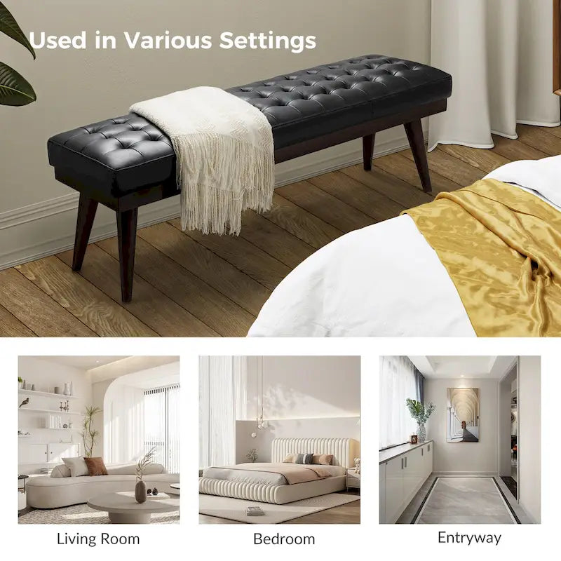 Modern Genuine Leather Tufted Bench with Solid Wood Base