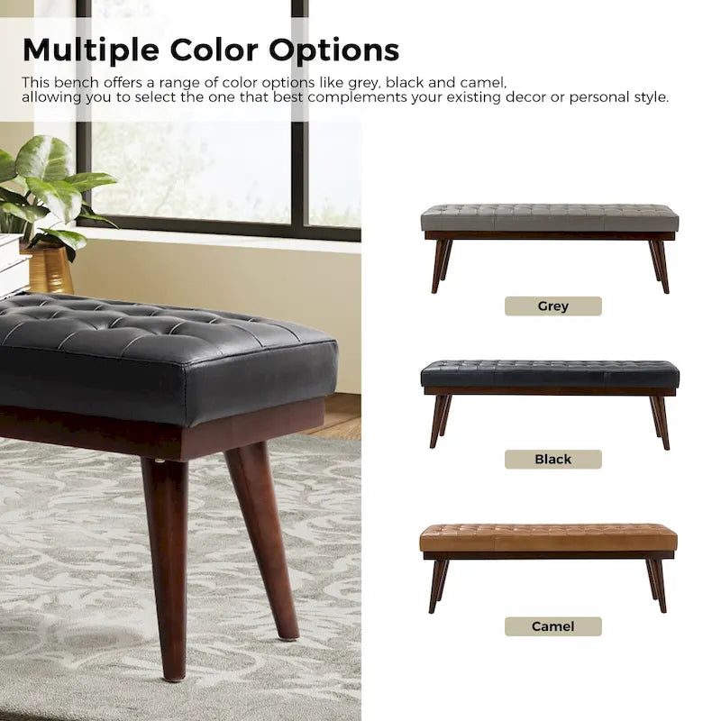 Modern Genuine Leather Tufted Bench with Solid Wood Base