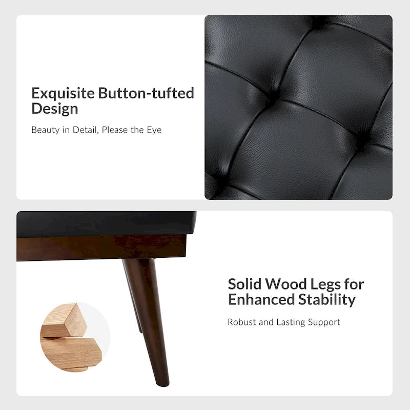 Modern Genuine Leather Tufted Bench with Solid Wood Base