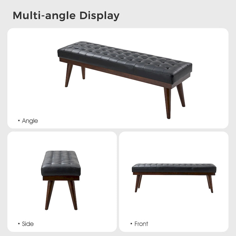 Modern Genuine Leather Tufted Bench with Solid Wood Base