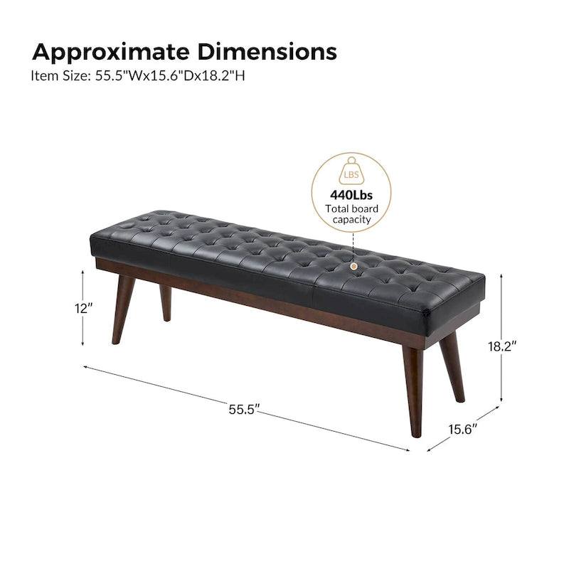 Modern Genuine Leather Tufted Bench with Solid Wood Base