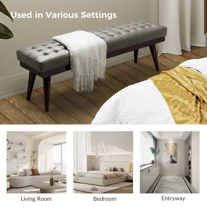 Modern Genuine Leather Tufted Bench with Solid Wood Base
