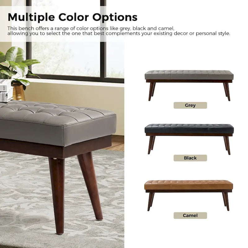 Modern Genuine Leather Tufted Bench with Solid Wood Base
