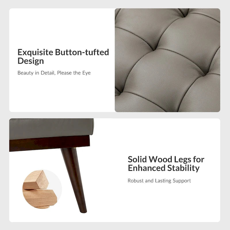 Modern Genuine Leather Tufted Bench with Solid Wood Base