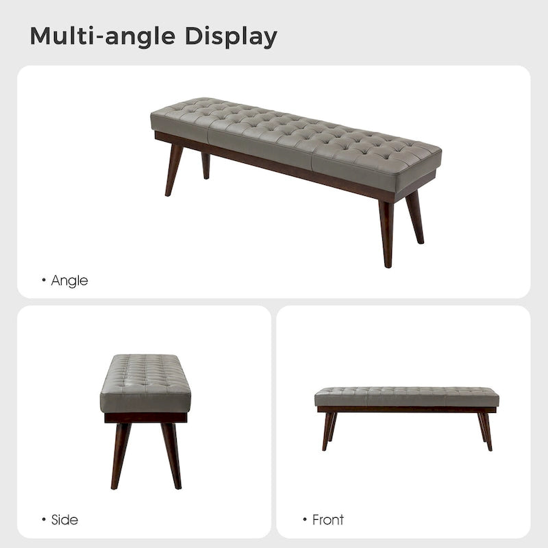 Modern Genuine Leather Tufted Bench with Solid Wood Base