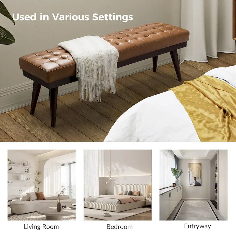 Modern Genuine Leather Tufted Bench with Solid Wood Base