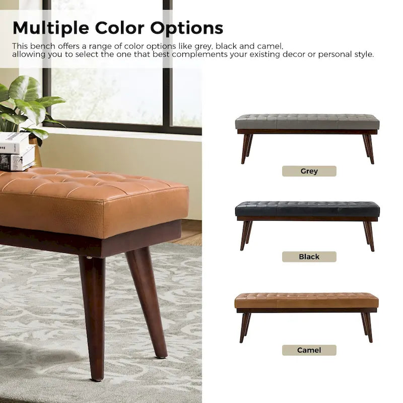 Modern Genuine Leather Tufted Bench with Solid Wood Base