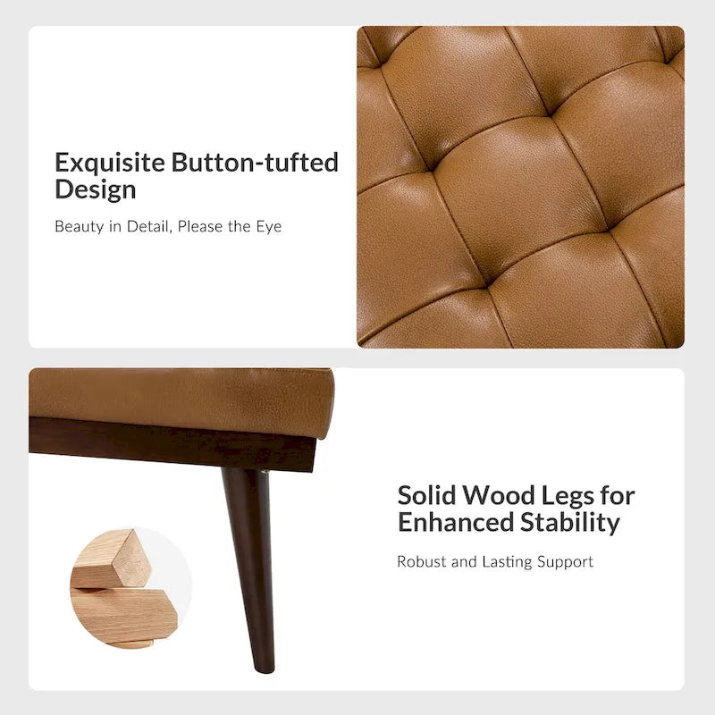 Modern Genuine Leather Tufted Bench with Solid Wood Base