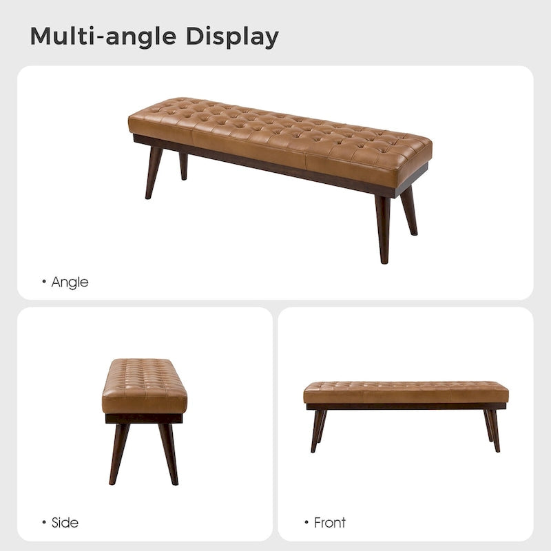 Modern Genuine Leather Tufted Bench with Solid Wood Base