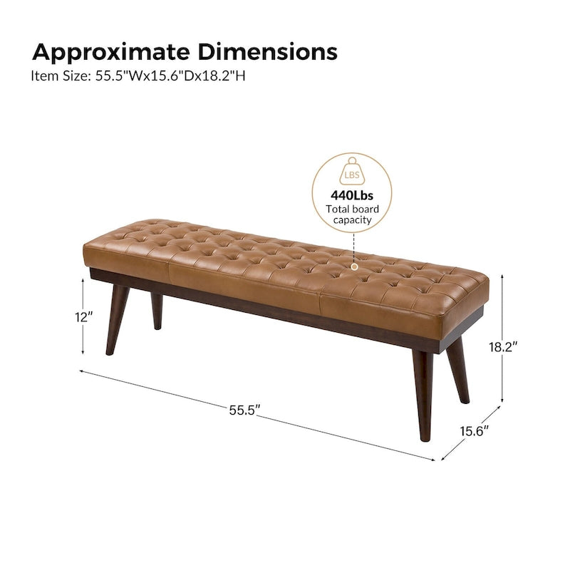 Modern Genuine Leather Tufted Bench with Solid Wood Base