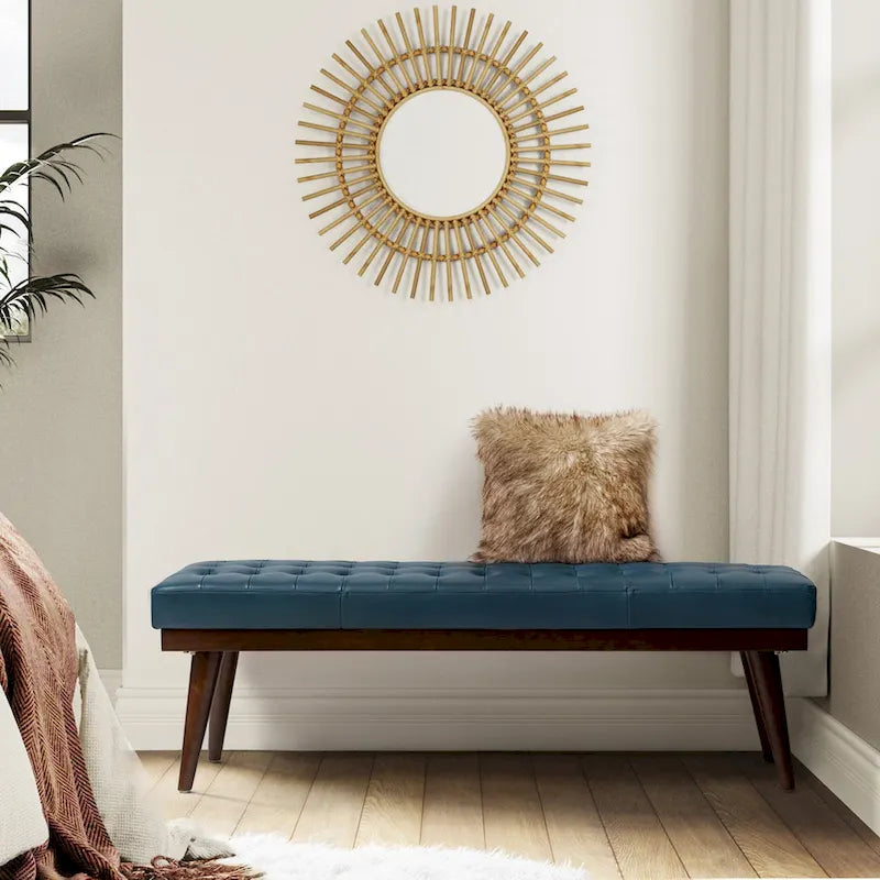 Modern Genuine Leather Tufted Bench with Solid Wood Base