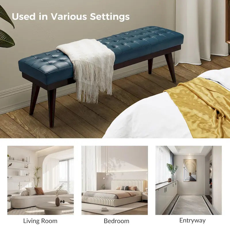 Modern Genuine Leather Tufted Bench with Solid Wood Base