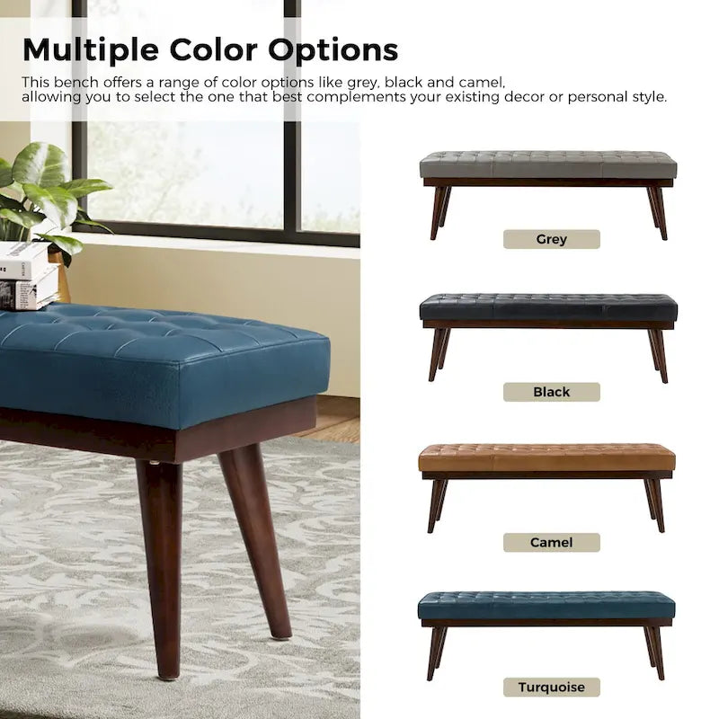 Modern Genuine Leather Tufted Bench with Solid Wood Base