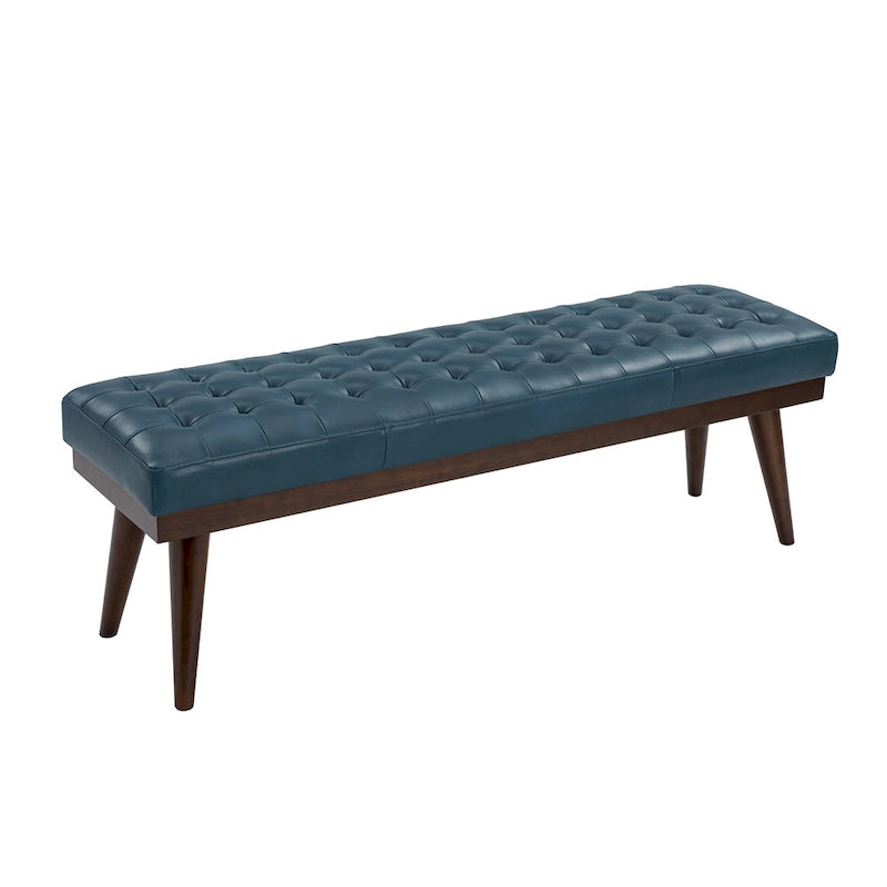 Modern Genuine Leather Tufted Bench with Solid Wood Base