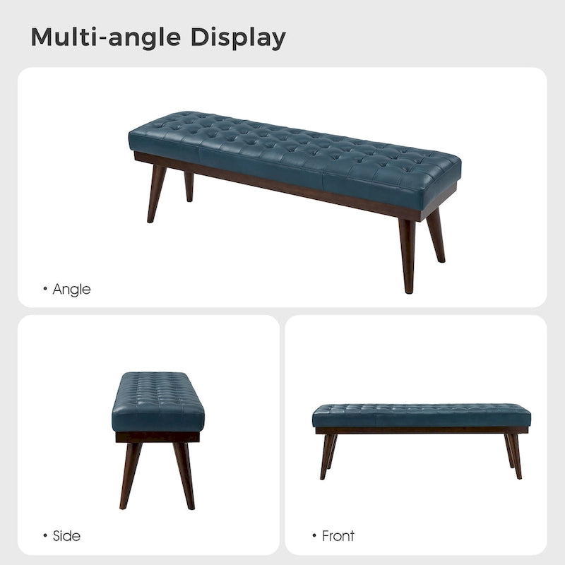 Modern Genuine Leather Tufted Bench with Solid Wood Base