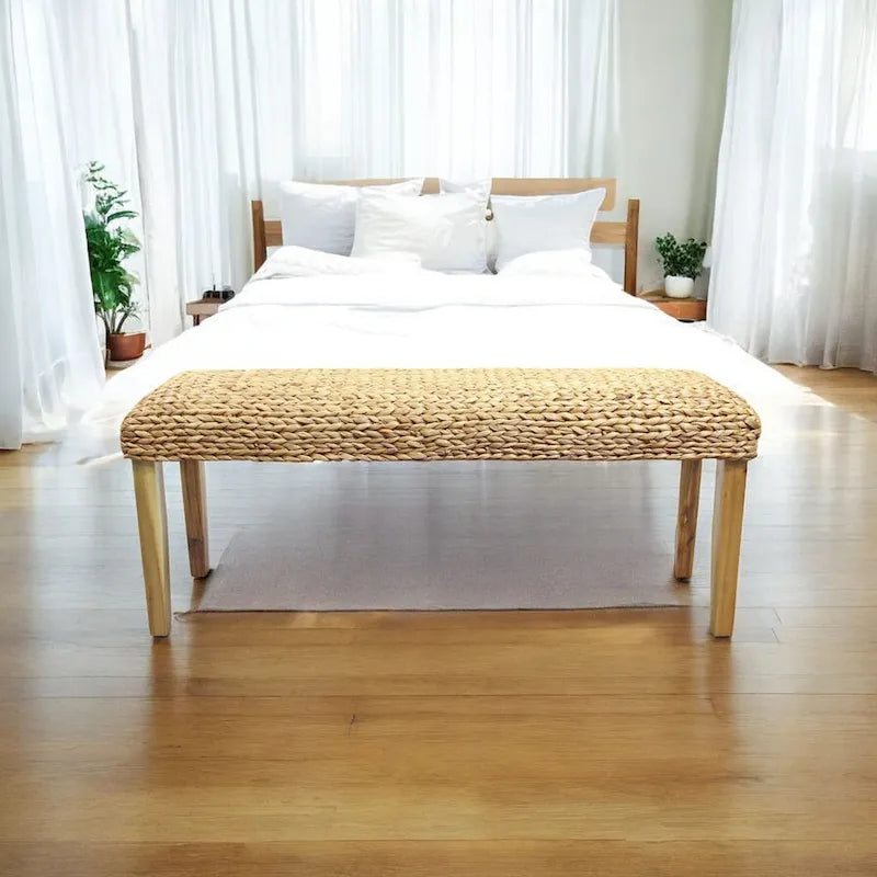 Solid Wood Water Hyacinth Indoor Bench