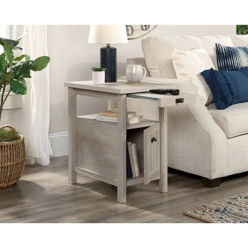 Accent Side Table with Door and Slide-Out Shelf