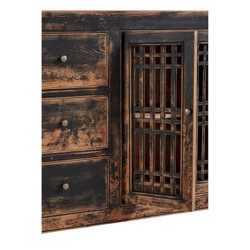 71-Inch Antique Pine Sideboard with Lattice Doors
