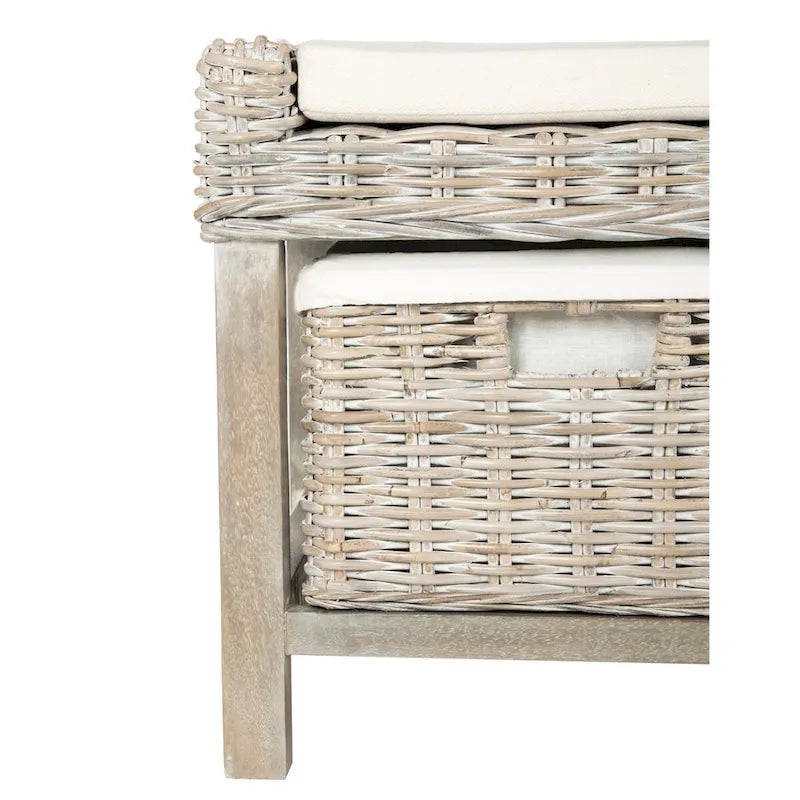 White Rattan 3-Drawer Storage Bench