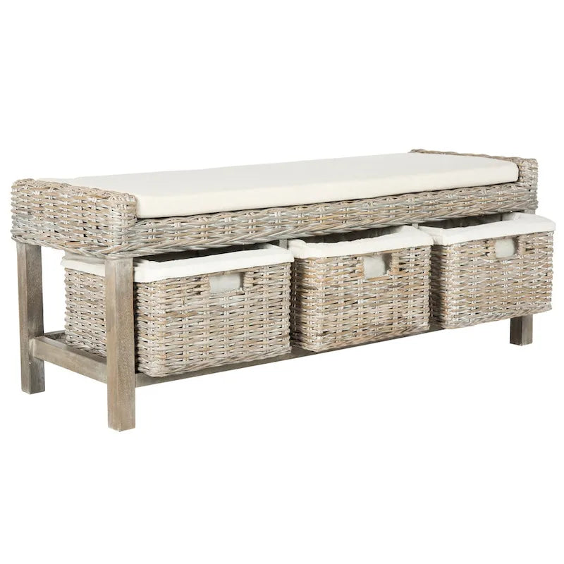 White Rattan 3-Drawer Storage Bench