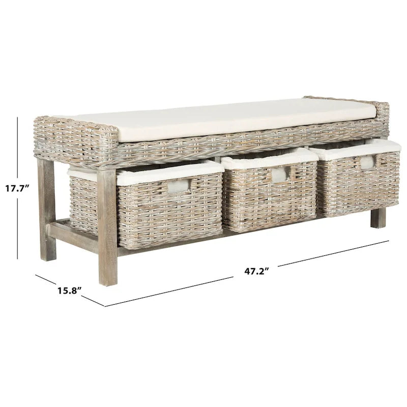 White Rattan 3-Drawer Storage Bench